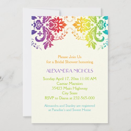 Rainbow colors damask wedding bridal shower personalized announcements