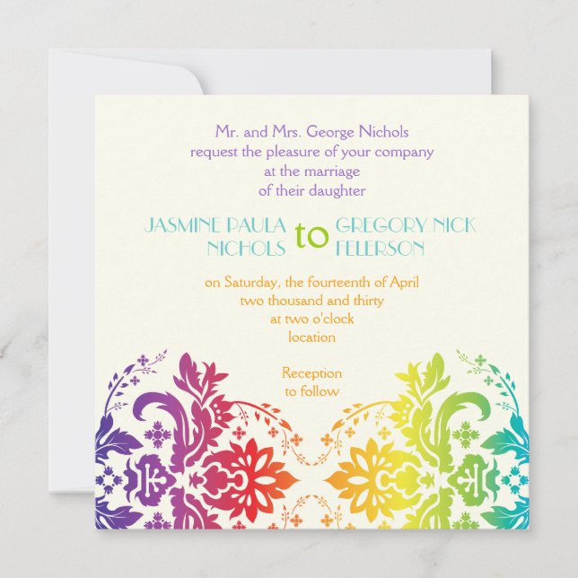 Rainbow colors damask wedding invitation (Front)