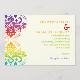 Rainbow colors damask wedding invitation