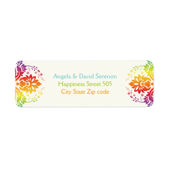 Rainbow colors damask wedding label (Front)