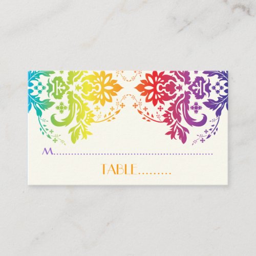 Rainbow colors damask wedding place card