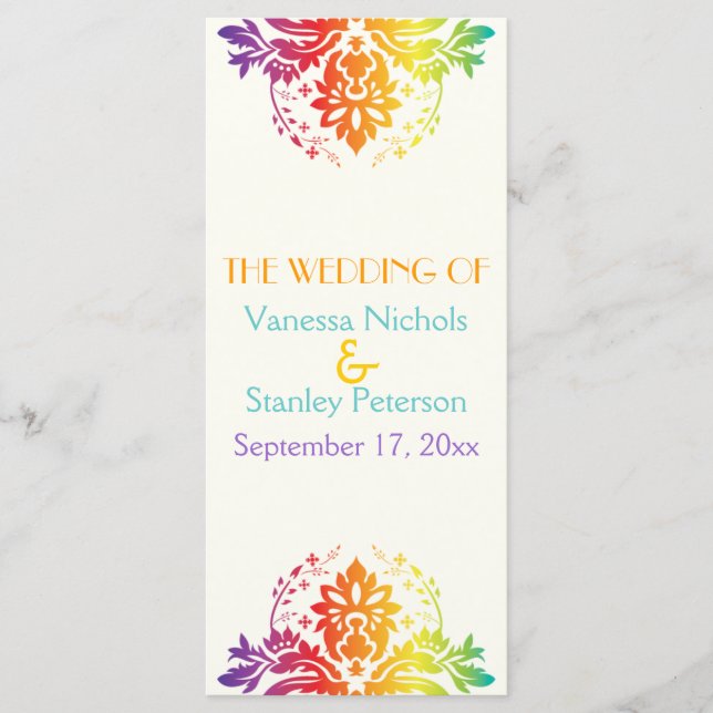 Rainbow colors damask wedding program (Front)