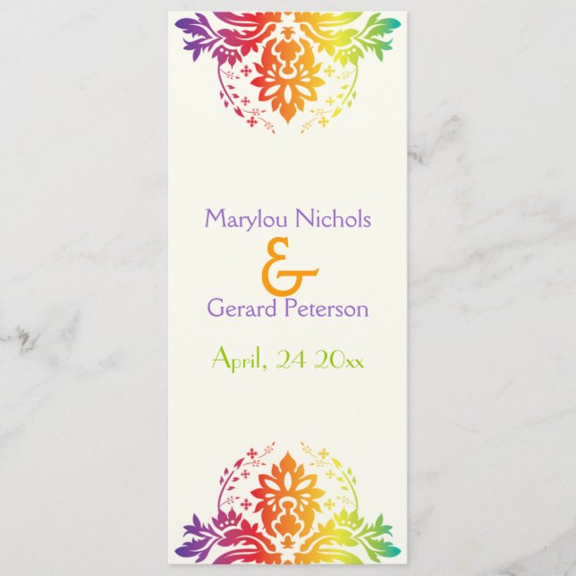 Rainbow colors damask wedding program (Front)
