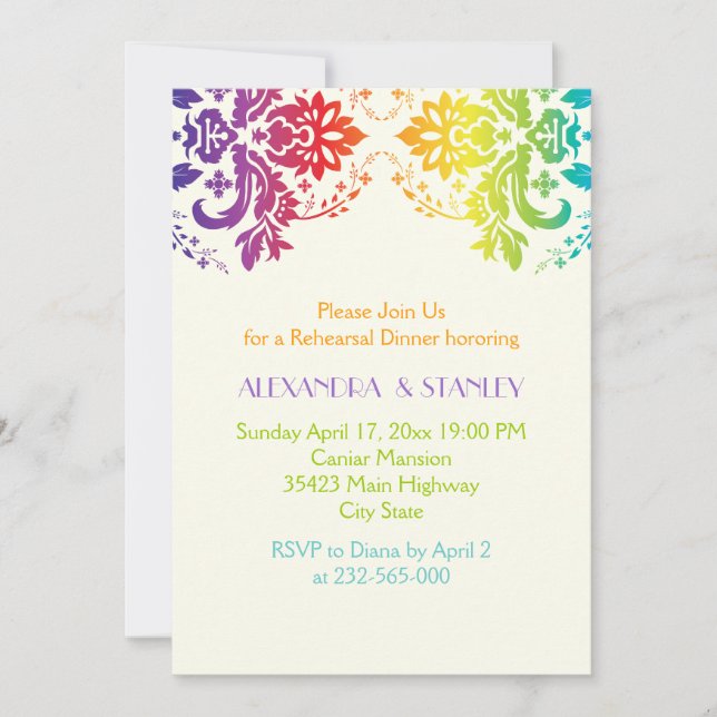 Rainbow colors damask wedding rehearsal dinner invitation (Front)