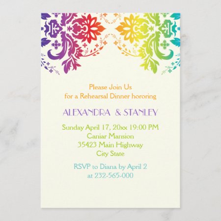 Rainbow Colors Damask Wedding Rehearsal Dinner Invitation