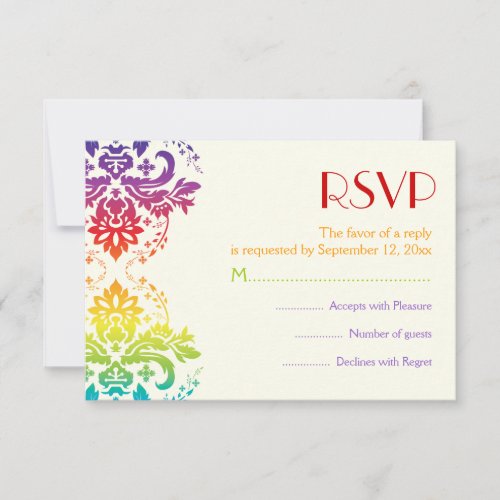 Rainbow colors damask wedding RSVP