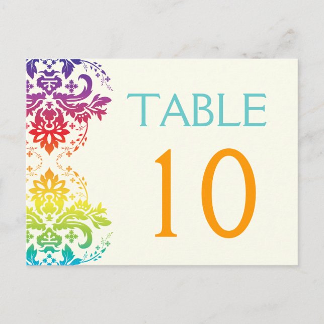 Rainbow colors damask wedding table number (Front)