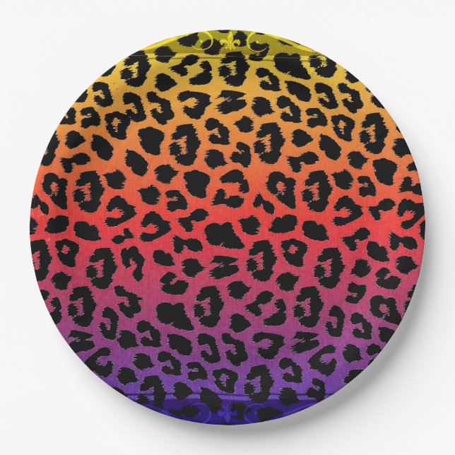 Rainbow Colors Fantasy Leopard Print Pattern Paper Plates (Front)