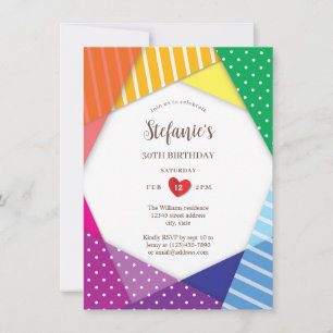 Rainbow Colors Festival Themed 30th Birthday Party Invitation
