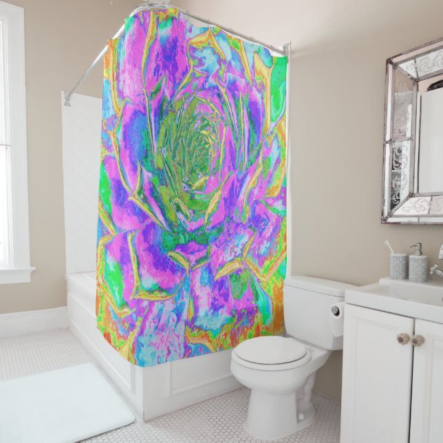 Rainbow Colors Fiesta Succulent Sedum Rosette Shower Curtain (In Situ)