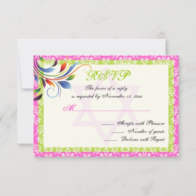 Rainbow colors flourish, Star of David damask RSVP (Front)