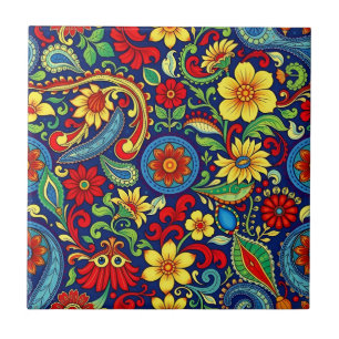 Rainbow Colors Flower Paisley Design Ceramic Tile