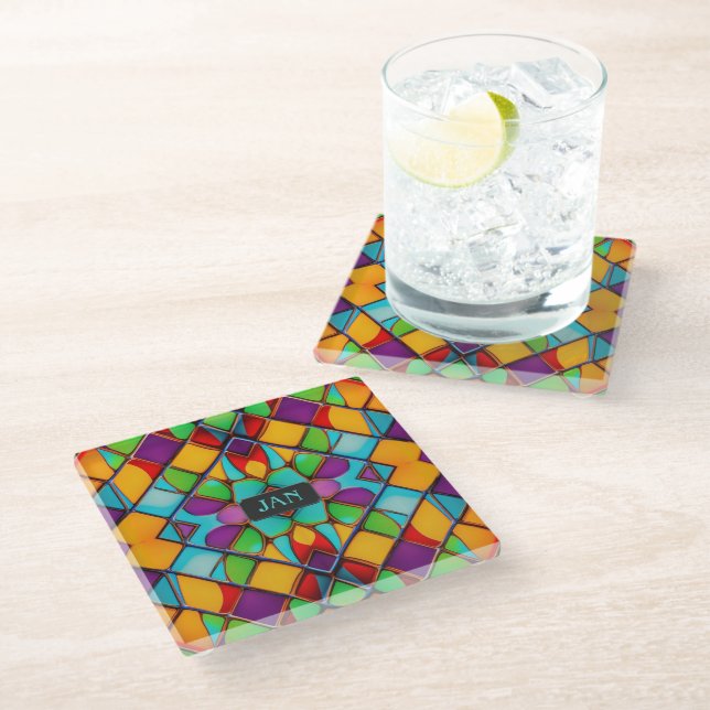 Rainbow Colors Glass Painting with custom initials Glass Coaster (Angled)