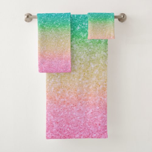 Rainbow Colors Glitter Sparkle Girly Glam Colorful Bath Towel Set