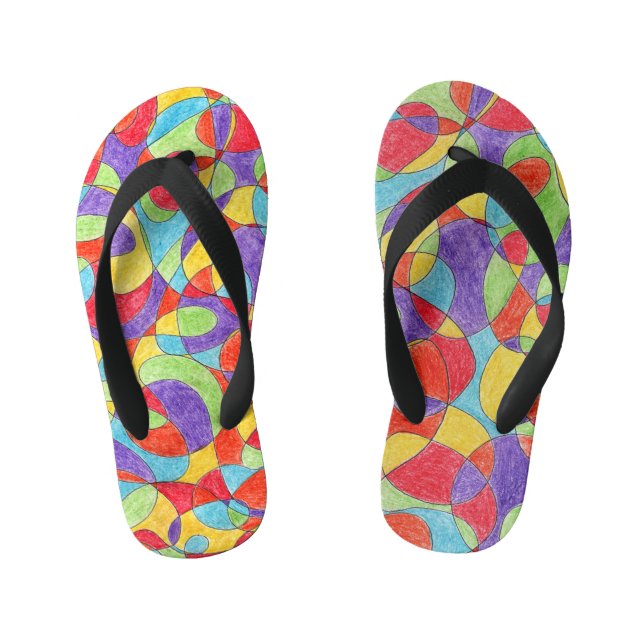 Rainbow Colors Hand Drawn Crayon Doodle Pattern Kid's Flip Flops (Footbed)