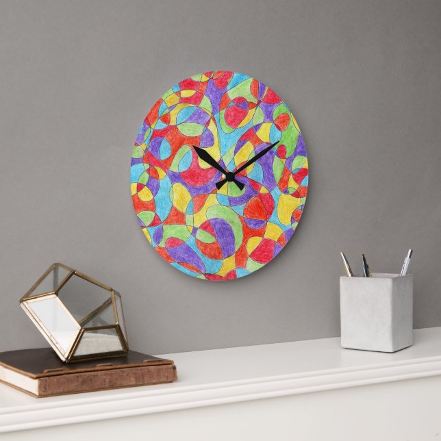 Rainbow Colors Hand Drawn Crayon Doodle Pattern Large Clock (Office)