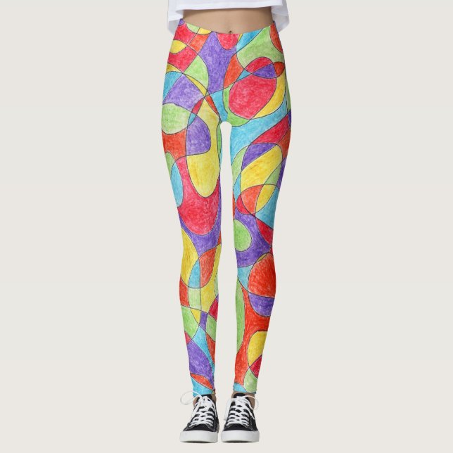 Rainbow Colors Hand Drawn Crayon Doodle Pattern Leggings (Front)