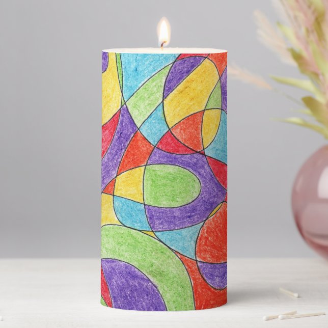 Rainbow Colors Hand Drawn Crayon Doodle Pattern Pillar Candle (In Situ)