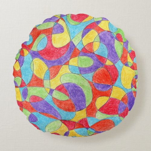 Rainbow Colors Hand Drawn Crayon Doodle Pattern Round Pillow