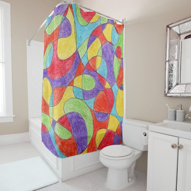Rainbow Colors Hand Drawn Crayon Doodle Pattern Shower Curtain (In Situ)
