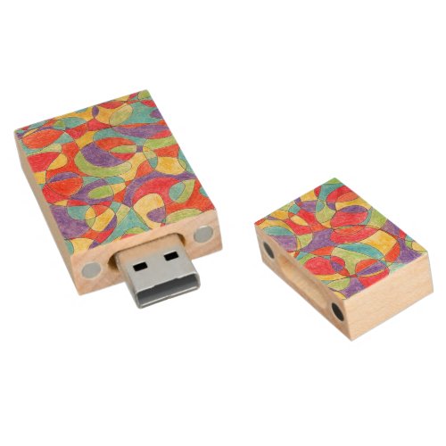 Rainbow Colors Hand Drawn Crayon Doodle Pattern Wood Flash Drive
