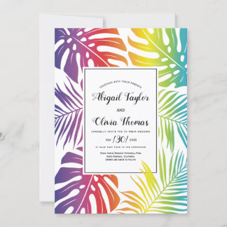 Rainbow colors leaf pattern gay lesbian wedding invitation