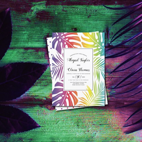 Rainbow colors leaf pattern gay lesbian wedding invitation
