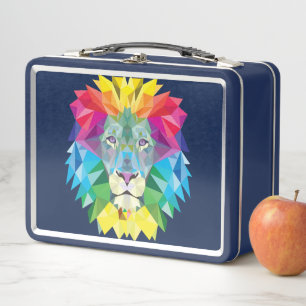 Rainbow Colors Lion Head on Blue Metal Lunch Box