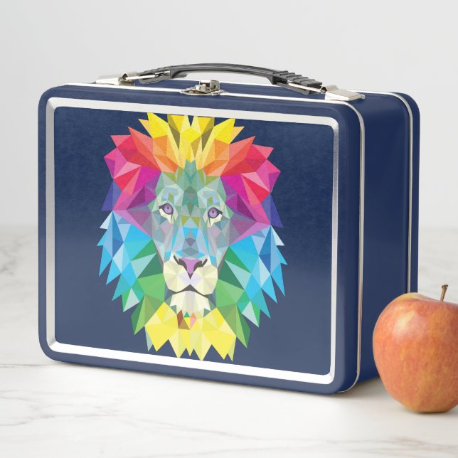 Rainbow Colors Lion Head on Blue Metal Lunch Box (In Situ)