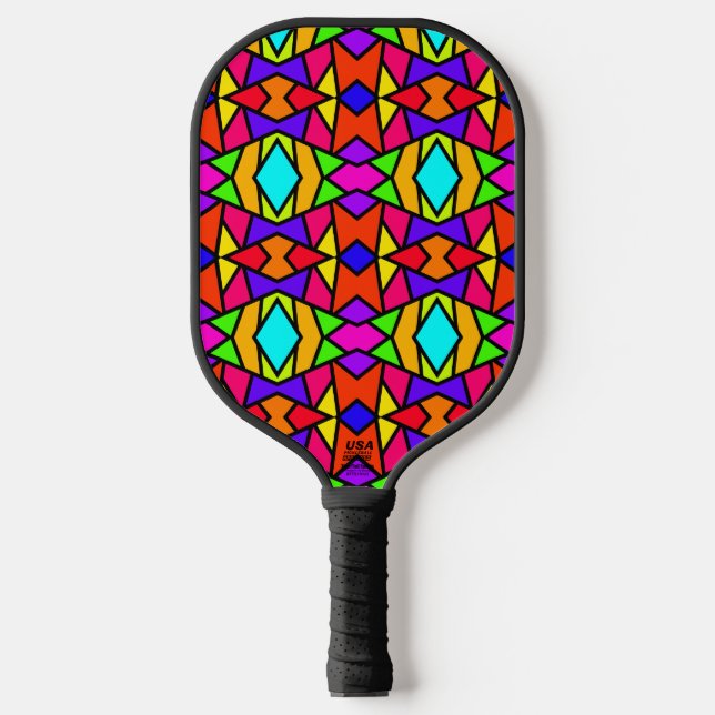 Rainbow Colors Patchwork Geometric Repeat Pattern Pickleball Paddle (Front)