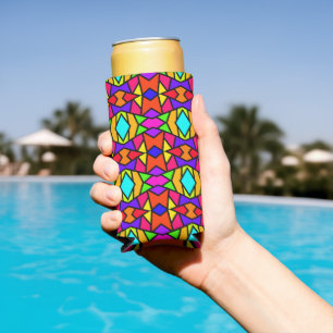 Rainbow Colors Patchwork Geometric Repeat Pattern Seltzer Can Cooler