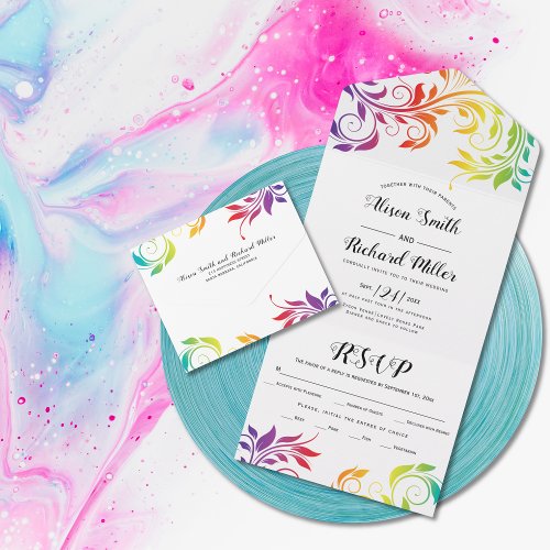 Rainbow colors scroll leaf gay lesbian wedding all in one invitation