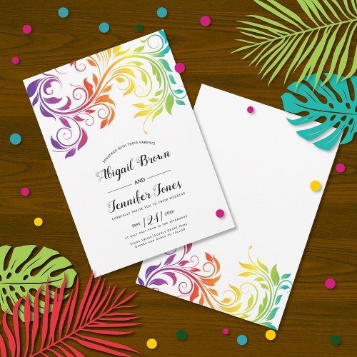 Rainbow colors scroll leaf gay lesbian wedding invitation