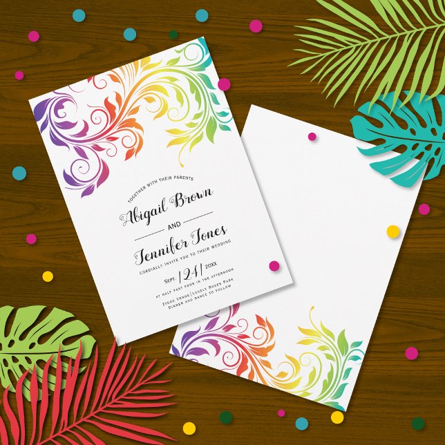 Rainbow colors scroll leaf gay lesbian wedding invitation (Creator Uploaded)