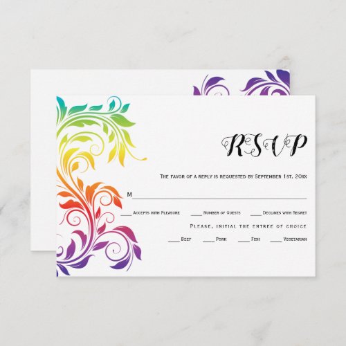 Rainbow colors scroll leaf gay lesbian wedding RSVP card