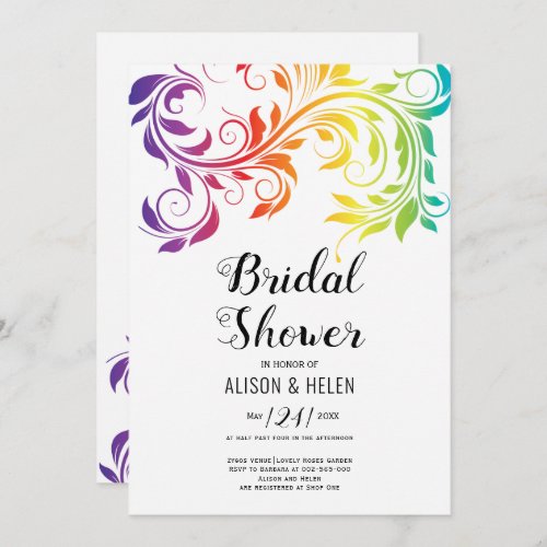 Rainbow colors scroll leaf lesbian bridal shower invitation