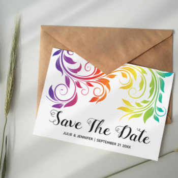 Rainbow Colors Scroll Leaf Lesbian Save The Date Announcement Postcard by weddings_ at Zazzle