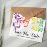 Rainbow Colors Scroll Leaf Lesbian Save The Date Announcement Postcard at Zazzle