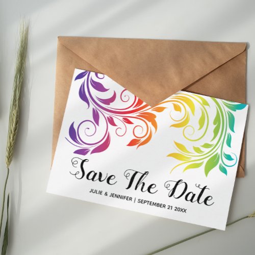 Rainbow colors scroll leaf lesbian Save the Date Announcement Postcard
