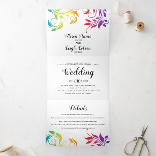 Rainbow colors scroll leaf lesbian winter wedding Tri_Fold invitation