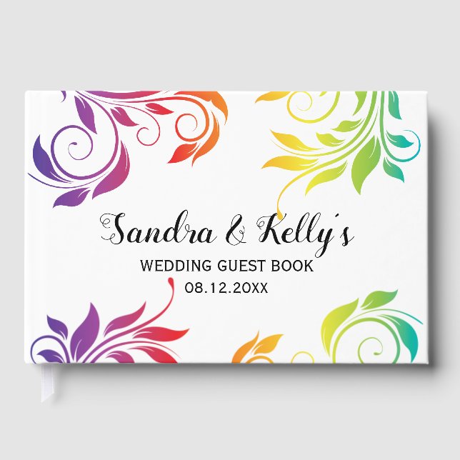 Rainbow colors scroll leaf LGBT  wedding Guest Book (Front)