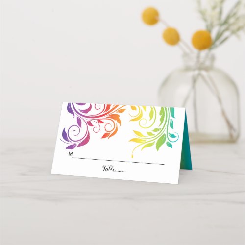 Rainbow colors scroll leaf LGBT wedding  Place Card