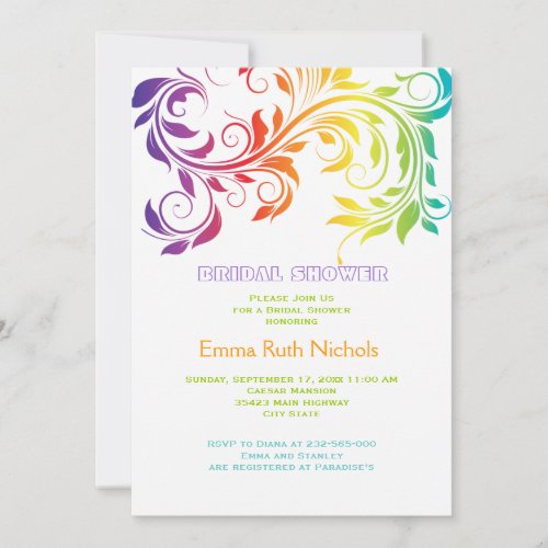 Rainbow colors scroll leaf wedding bridal shower invitation