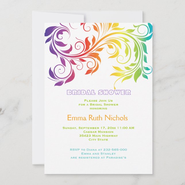 Rainbow colors scroll leaf wedding bridal shower invitation (Front)