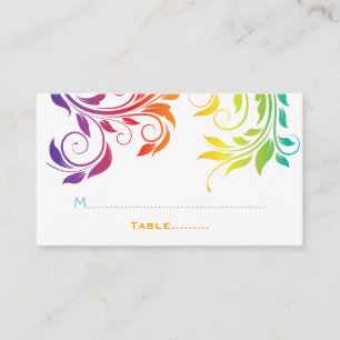Rainbow colors scroll leaf wedding place card