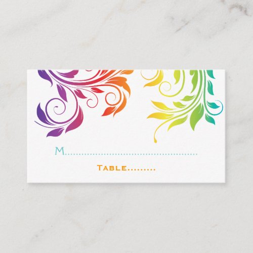Rainbow colors scroll leaf wedding place card