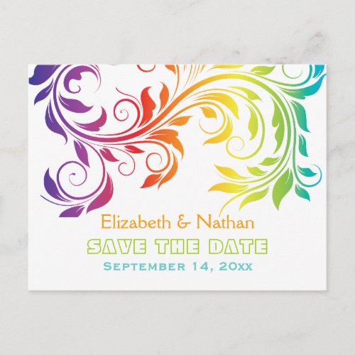 Rainbow colors scroll leaf wedding Save the Date Announcement Postcard