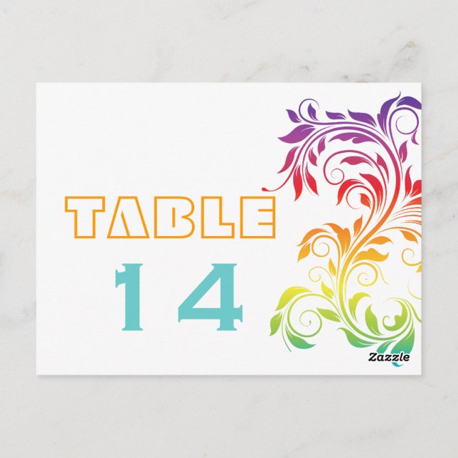 Rainbow colors scroll leaf wedding table number (Back)
