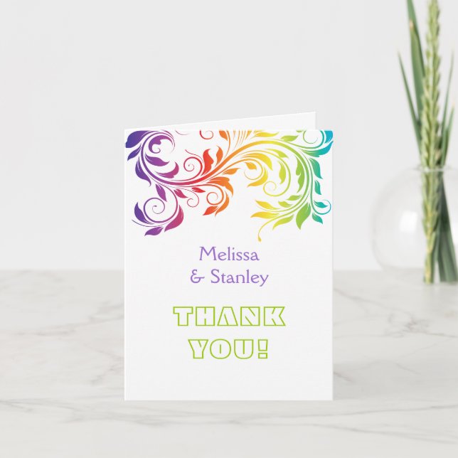 Rainbow colors scroll leaf wedding Thank You Card (Front)