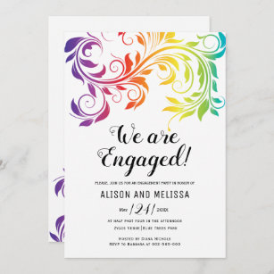 Rainbow colors scroll lesbian engagement party invitation